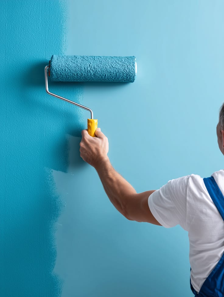 Professional painter applying blue paint with a roller