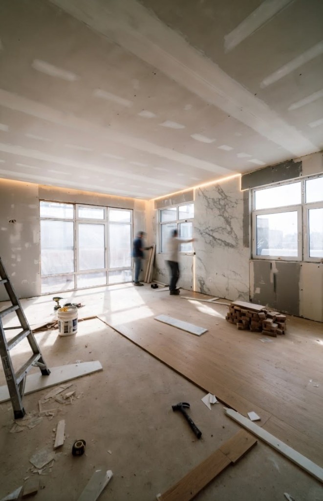 Home renovation in progress with flooring and finishes